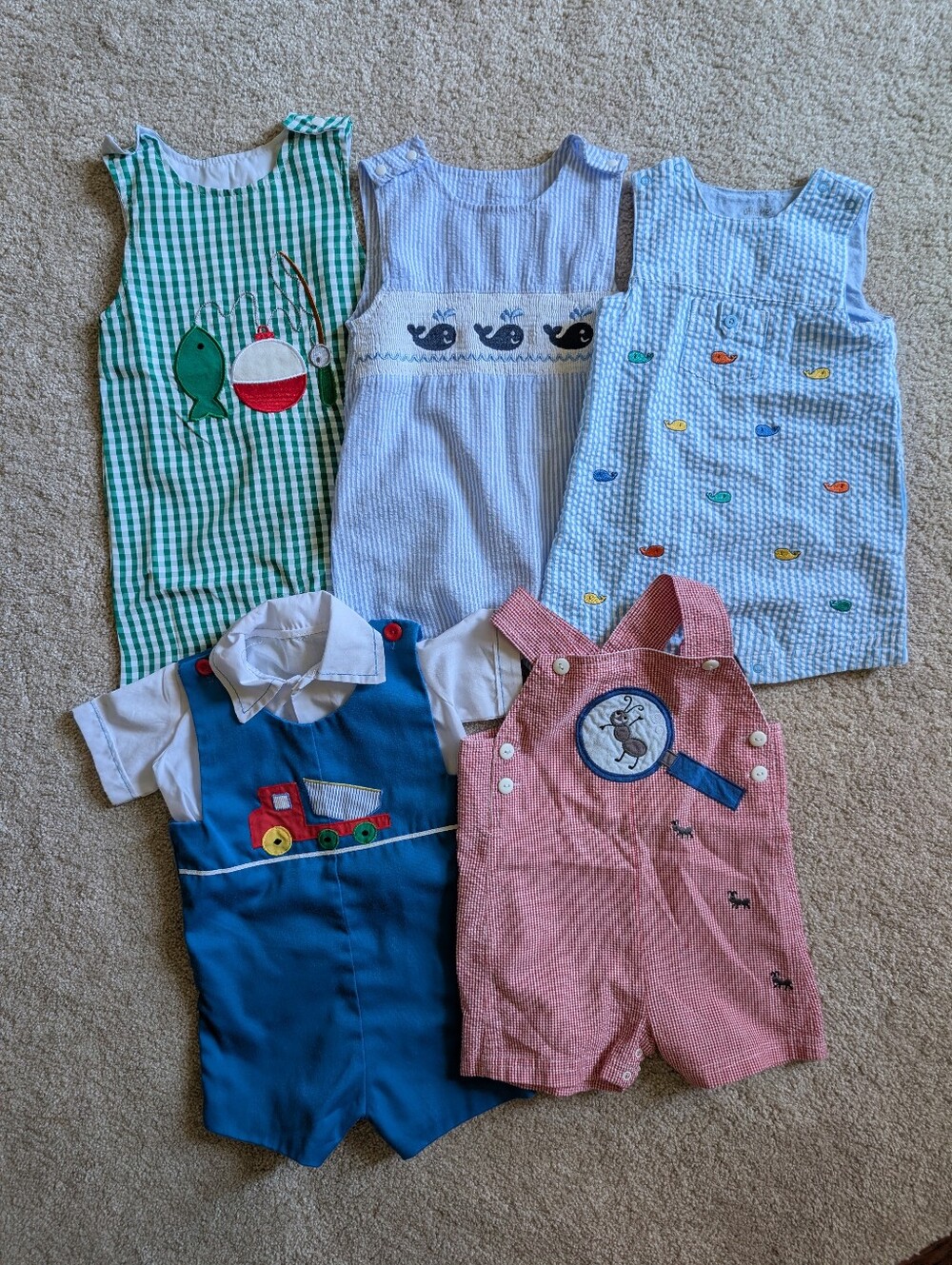Baby Boy 6-12 Month Sleeveless Rompers and Shortalls | Fishing Truck Bug Whale